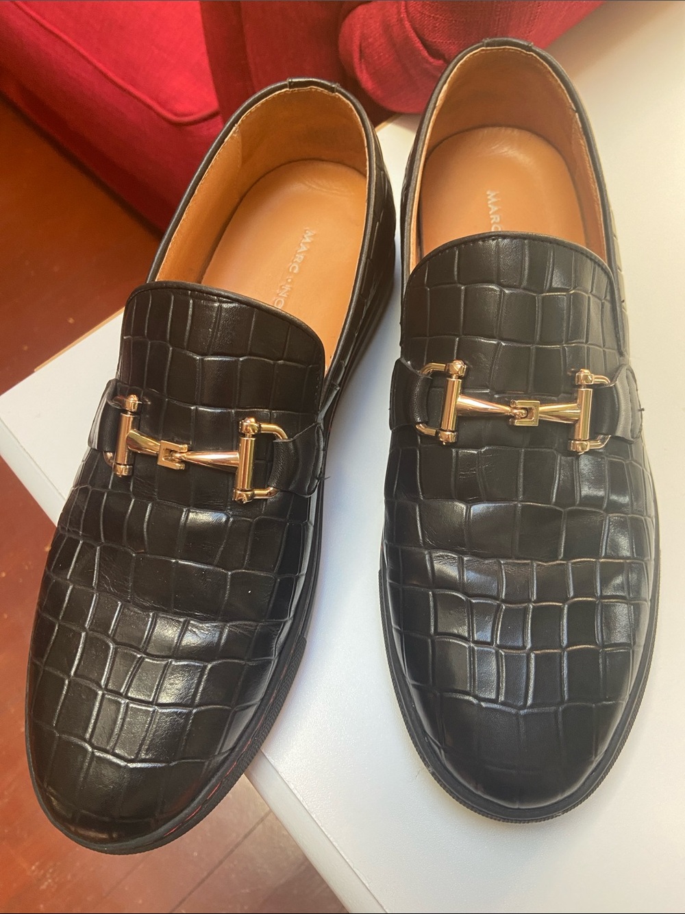 Marc Nolan  Black Croc-Embossed Leather Loafers with Gold Bit